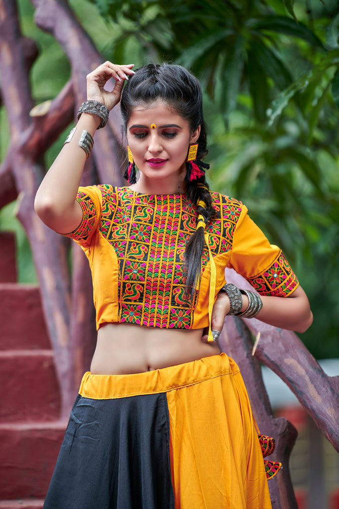 Yellow & Black Embroidered Cotton Indian Traditional Festival Dandiya Raas Garba Semi Stitched Navratri Lehenga ClothsVilla