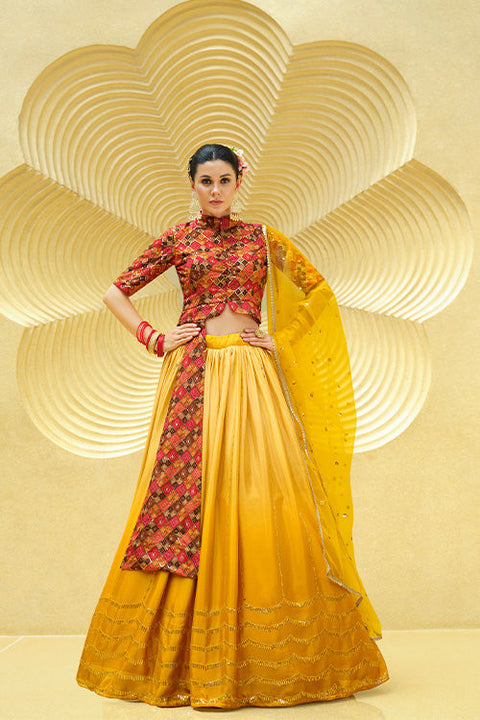 Yellow Chinon Silk Sequins Embroidered Work Lehenga Choli ClothsVilla.com Main image