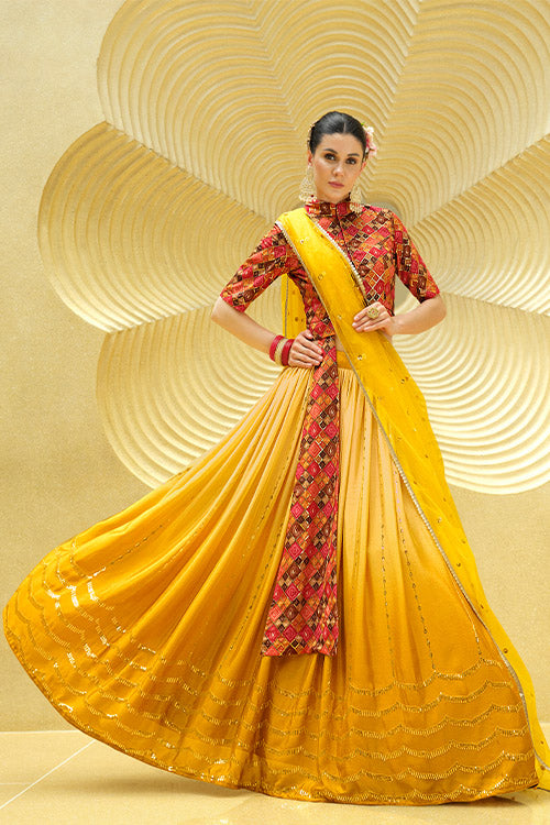 Yellow Chinon Silk Sequins Embroidered Work Lehenga Choli ClothsVilla.com