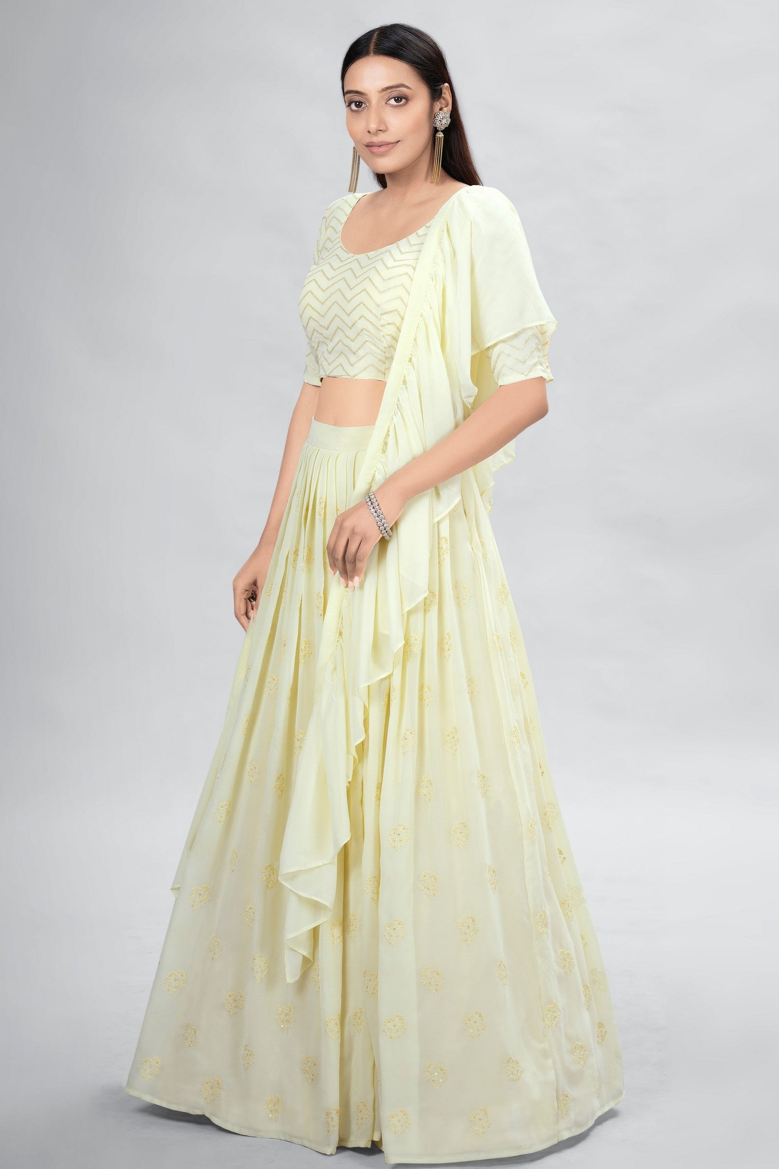 Yellow Indian Georgette Lehenga Choli With Ruffle Dupatta For Indian Festival & Weddings - Sequence Embroidery Work, Clothsvilla