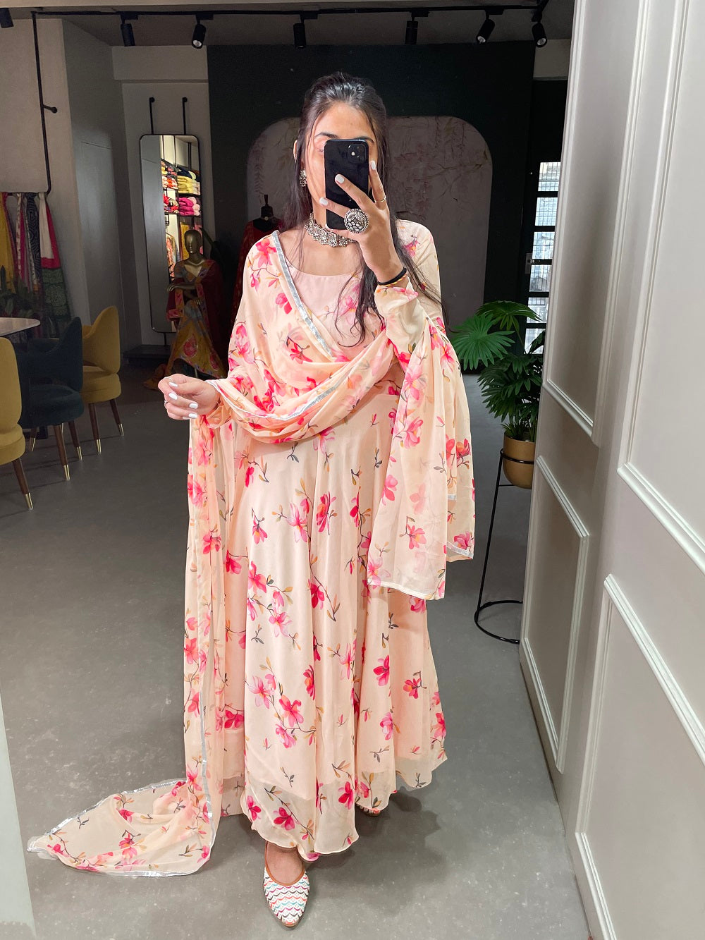 Cream Color Floral Printed Anarkali Style Chiffon Kurti Clothsvilla