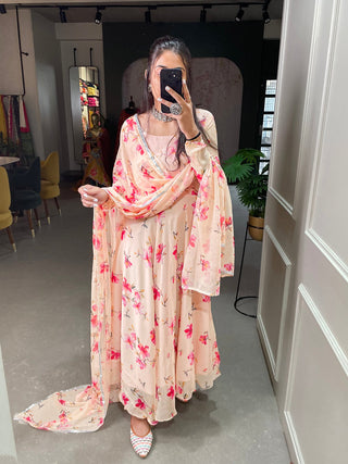 Cream Color Floral Printed Anarkali Style Chiffon Kurti Clothsvilla