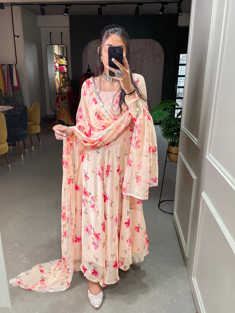 Cream Color Floral Printed Anarkali Style Chiffon Kurti Clothsvilla Main image