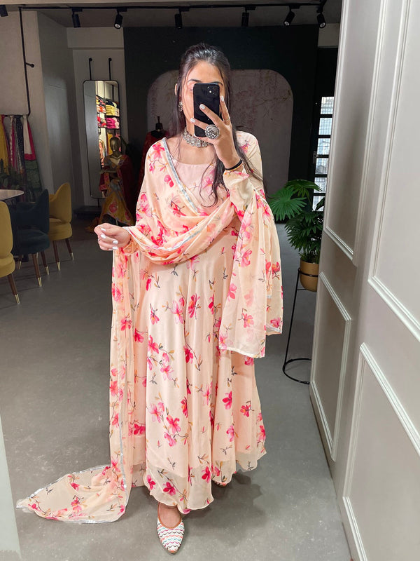 Cream Color Floral Printed Anarkali Style Chiffon Kurti Clothsvilla