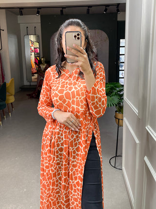Orange Color Animal Print Chiffon Kurti Clothsvilla
