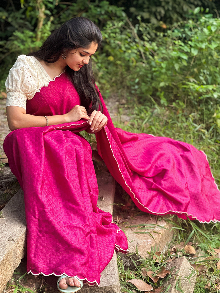 Pink Color Gadhawal Chex Material & Arca Work Saree Clothsvilla