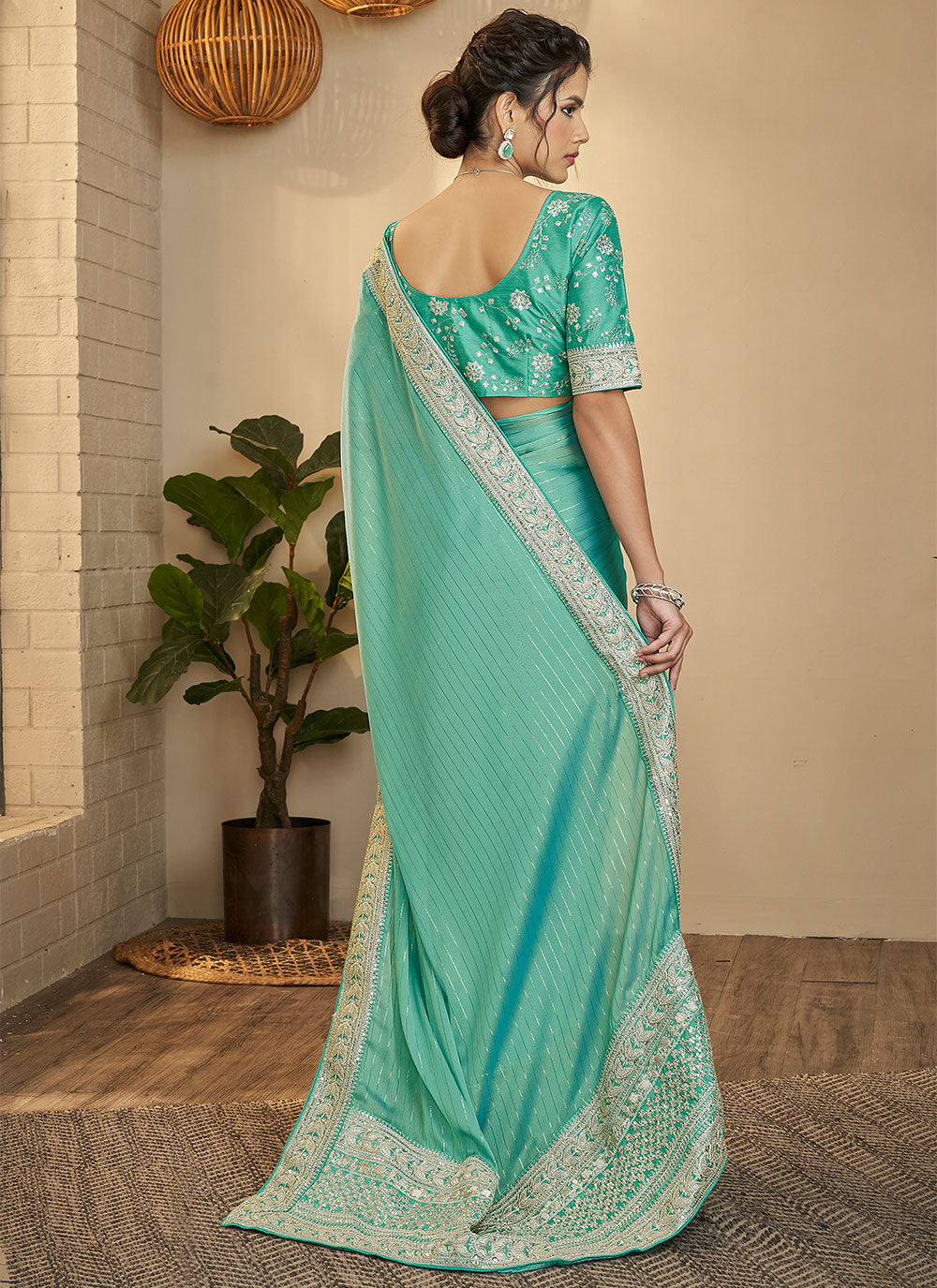 Festive Silk Zari Saree In Sea Green Color Clothsvilla