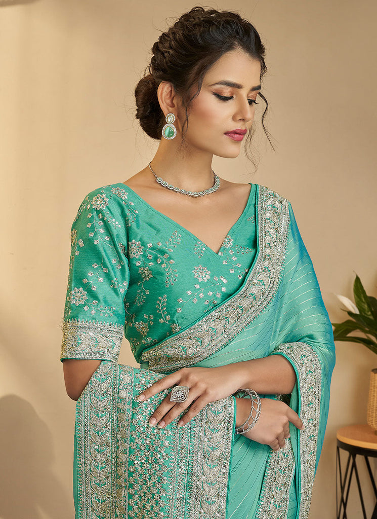 Festive Silk Zari Saree In Sea Green Color Clothsvilla
