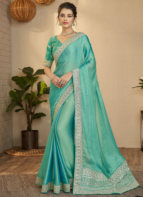 Festive Silk Zari Saree In Sea Green Color Clothsvilla Main image