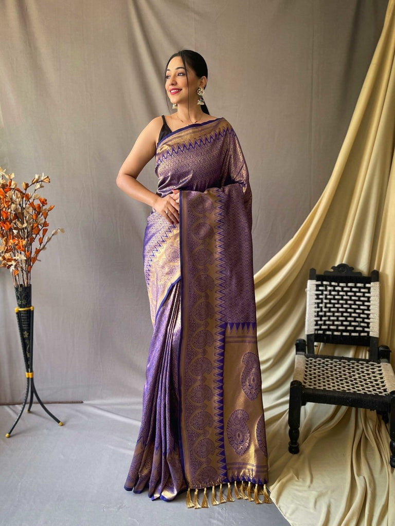 Blue Purple Saree in Pure Kanjeevaram Silk Woven
