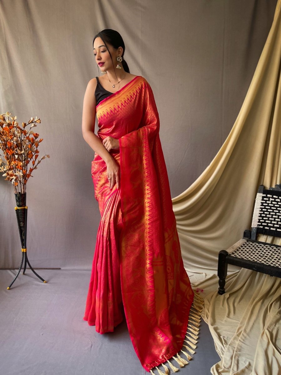 Pinkish Red Saree in Pure Kanjeevaram Silk Woven Clothsvilla