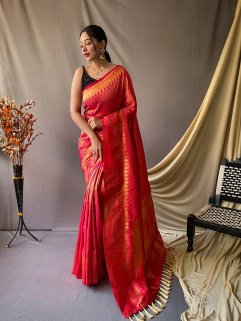 Pinkish Red Saree in Pure Kanjeevaram Silk Woven Clothsvilla Main image