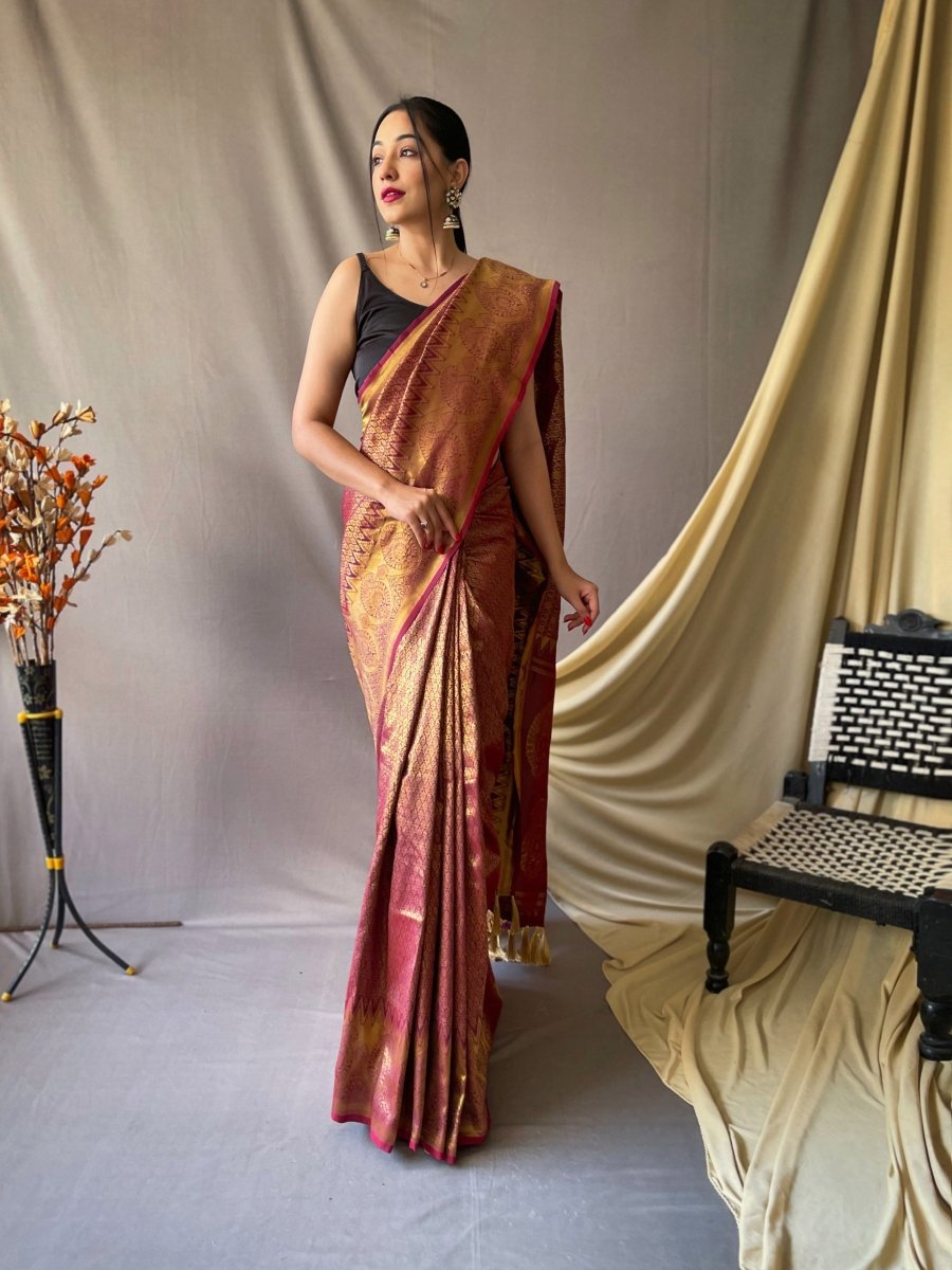 Wine Saree in Pure Kanjeevaram Silk Woven Clothsvilla