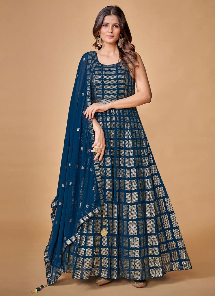 Awesome Blue Georgette Sequinse Work Ready to wear Gown Clothsvilla