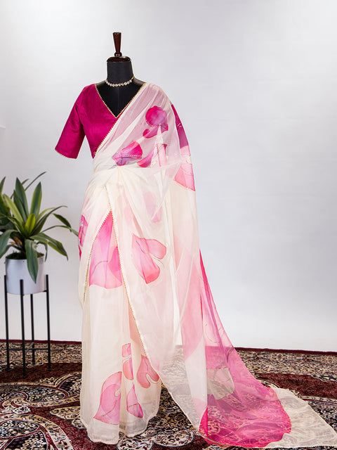 Baby Pink Color Floral & Foil Printed Organza Saree Clothsvilla Main image