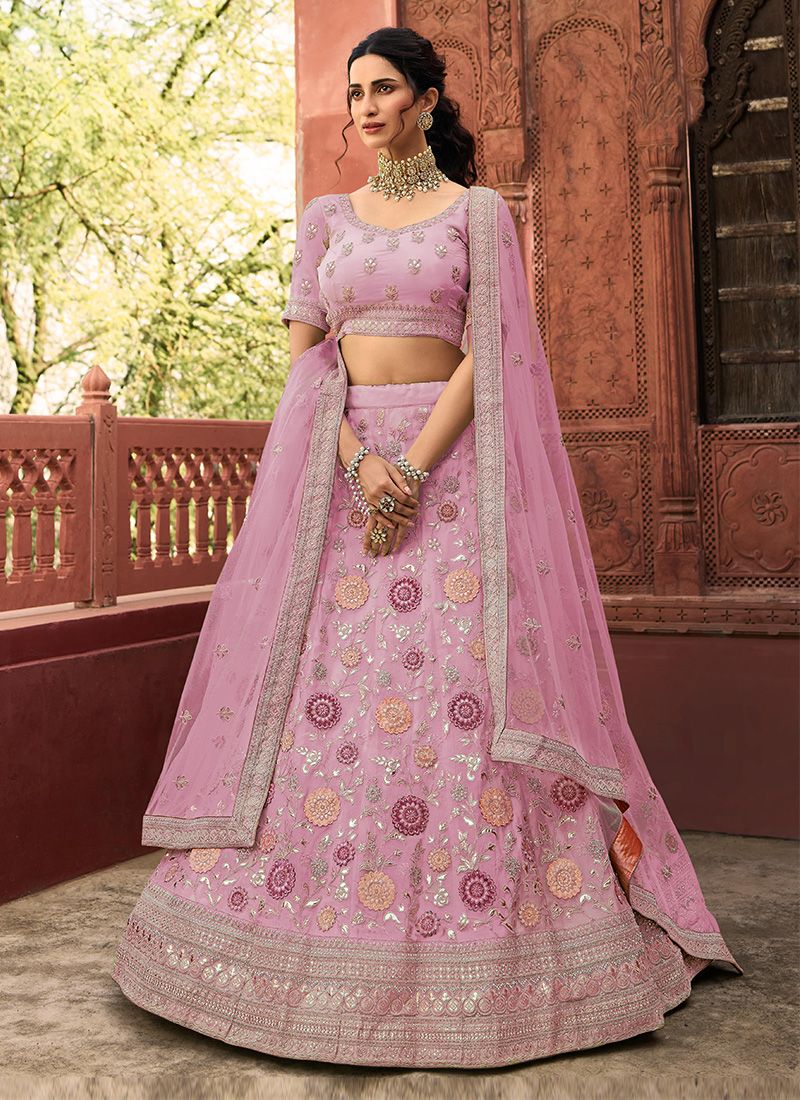 Buy Light Pink Lehenga Set With A Choli In Moti Embroidery, Crop Top Comes  In Half Sleeves With Cut Work KALKI Fashion India