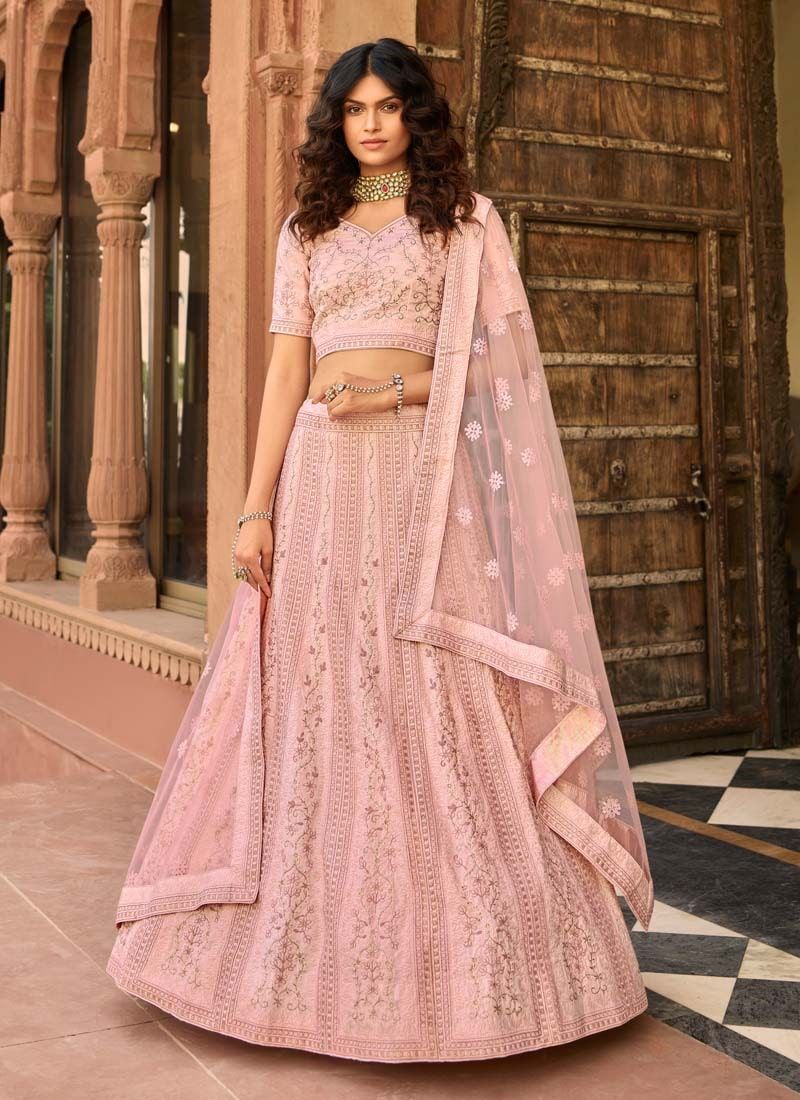 Baby Pink Organza Zari And Resham Work Lehenga Clothsvilla