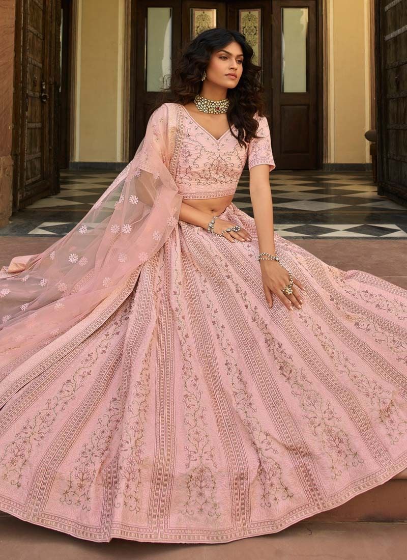 Baby Pink Organza Zari And Resham Work Lehenga Clothsvilla