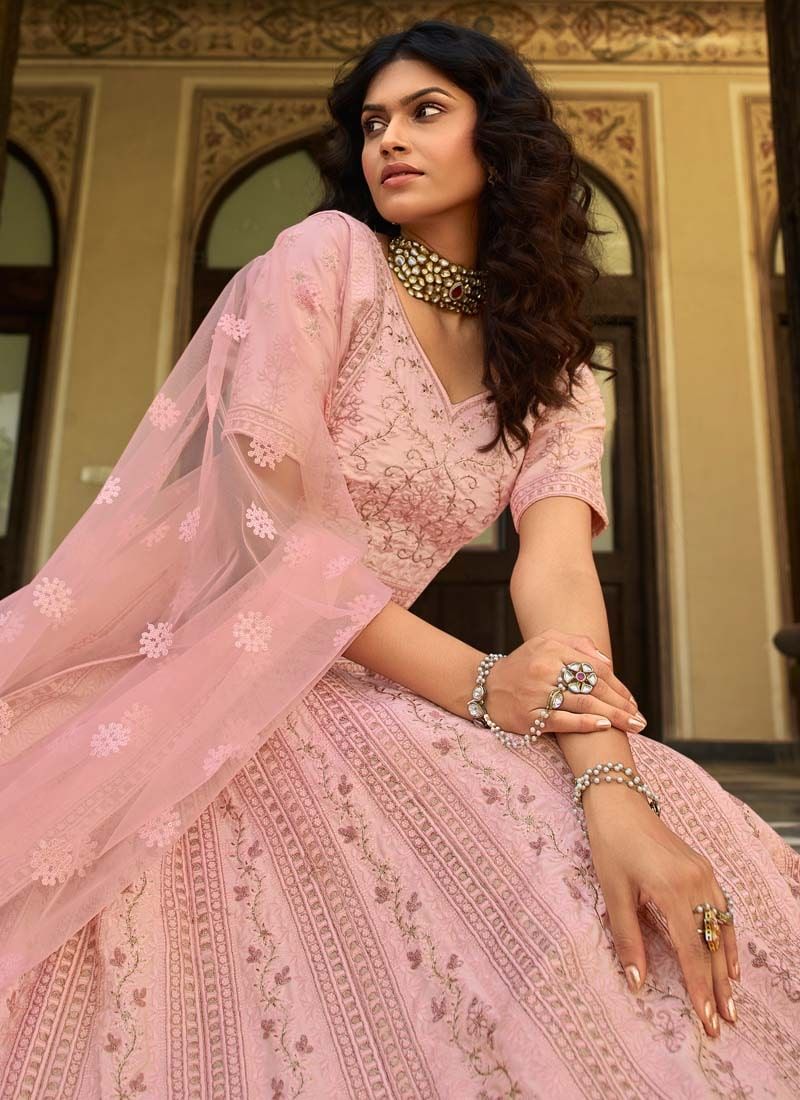 Baby Pink Organza Zari And Resham Work Lehenga Clothsvilla