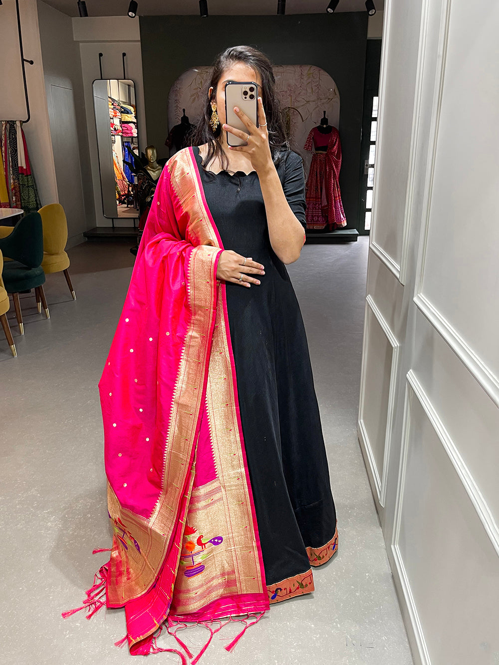 Black Color Plain With Zari Weaving Work Patta Chinon Dress Clothsvilla