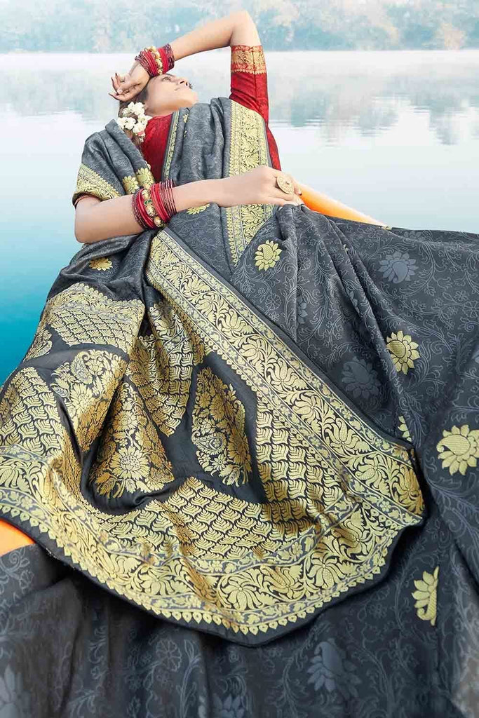Anchor Grey Zari Butta Woven Banarasi Saree Clothsvilla