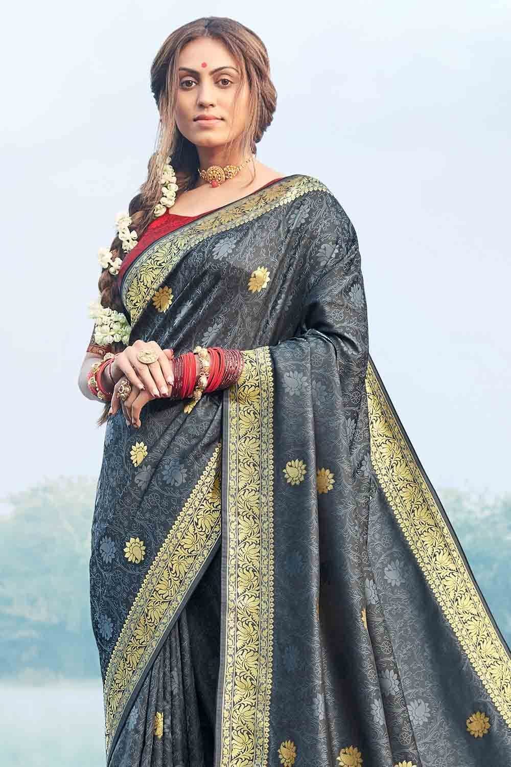 Anchor Grey Zari Butta Woven Banarasi Saree Clothsvilla