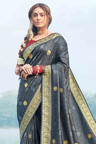 Anchor Grey Zari Butta Woven Banarasi Saree Clothsvilla
