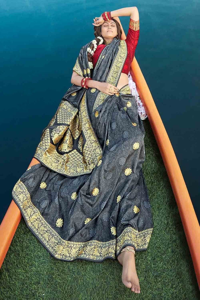 Anchor Grey Zari Butta Woven Banarasi Saree Clothsvilla