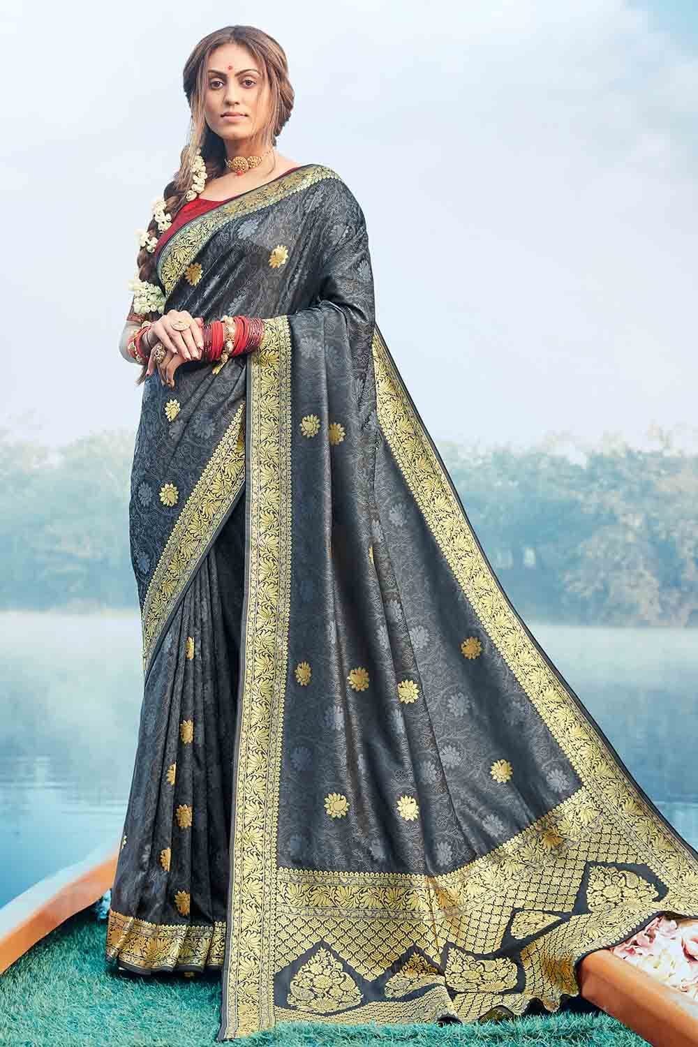 Anchor Grey Zari Butta Woven Banarasi Saree Clothsvilla