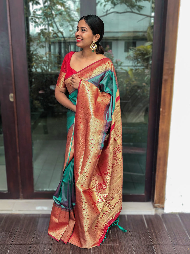 Teal Color Weaving zari work Banarasi Silk Saree - Clothsvil