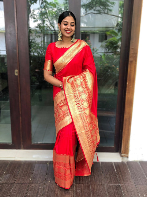 Red Color Weaving Zari Work Banarasi Soft Silk Saree Clothsvilla Main image