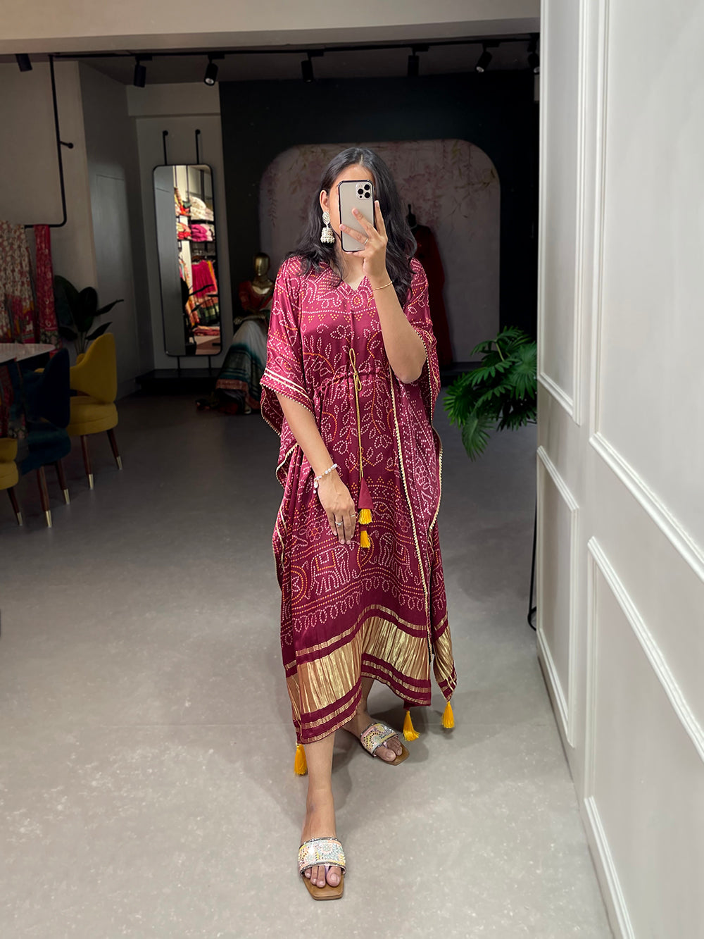 Maroon Color Bandhej Print With Gotta Patti Lace Border Gaji Silk Kaftan ClothsVilla.com