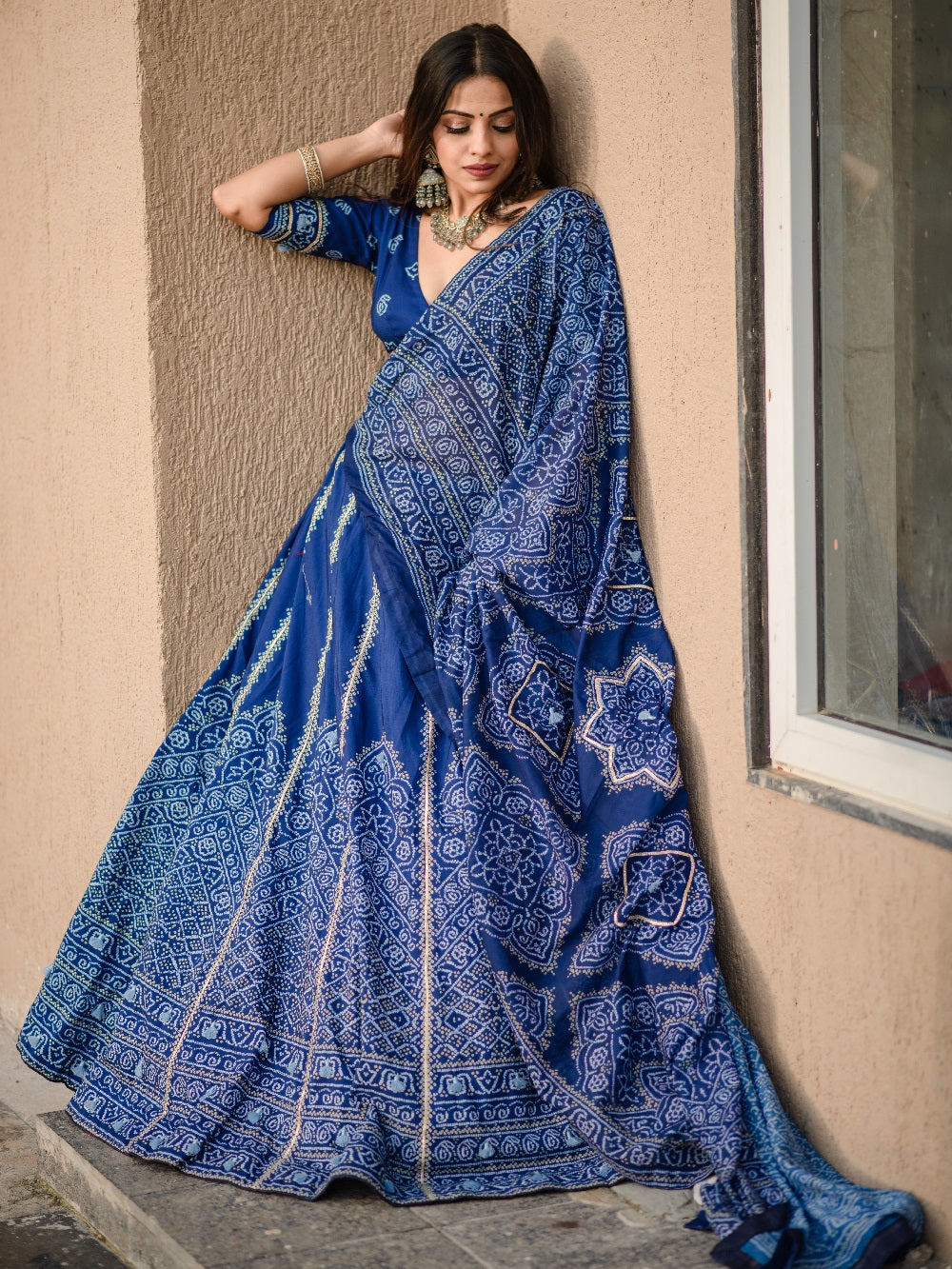 Navy Blue Color Bandhani Printed Vaishali Silk Lehenga With Blouse And Dupatta Clothsvilla