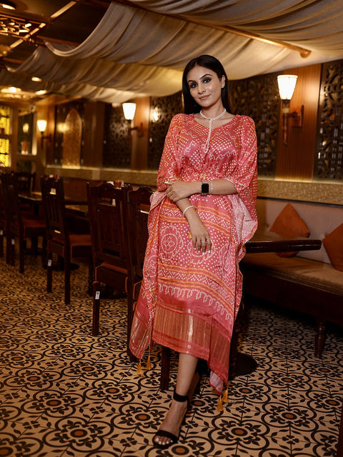 Pink Color Bandhani Printed Pure Gaji Silk Kaftan Clothsvilla Main image