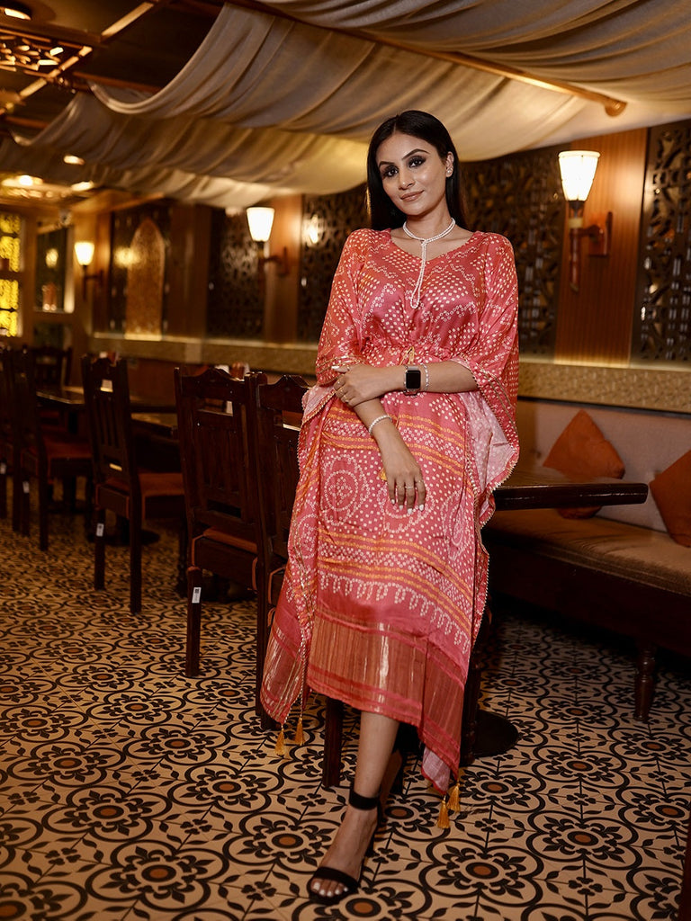 Pink Color Bandhani Printed Pure Gaji Silk Kaftan Clothsvilla