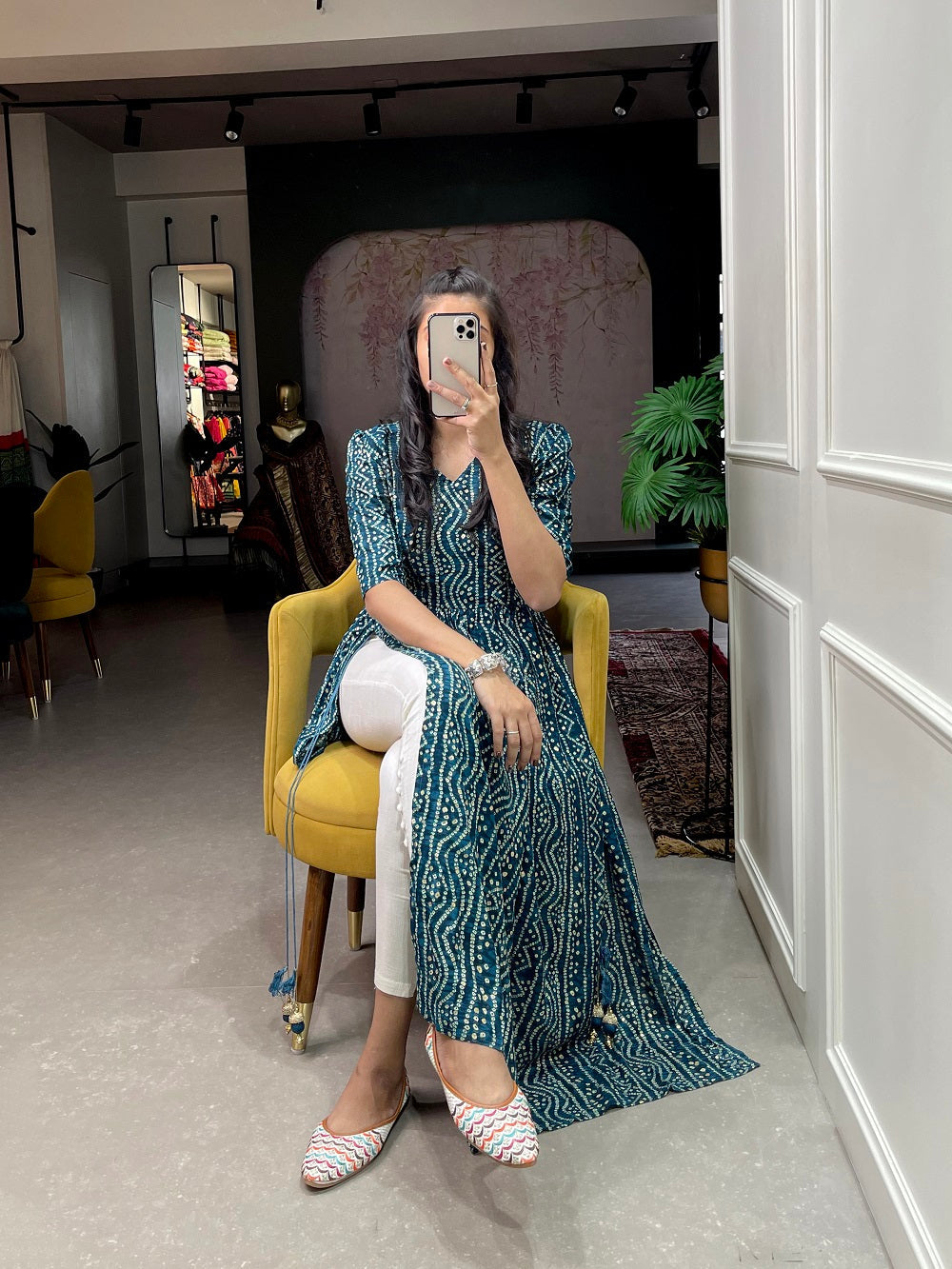Firozi Color Foil and Printed Pure Cotton Kurti Clothsvilla