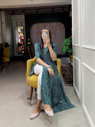 Firozi Color Foil and Printed Pure Cotton Kurti Clothsvilla