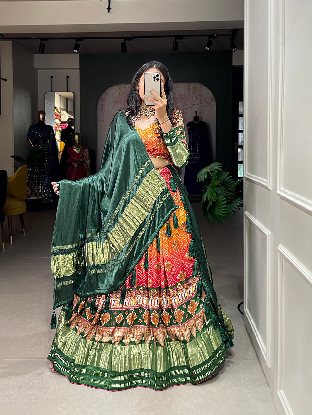 Green Color Patola Printed Gaji Silk Lehenga Choli ClothsVilla