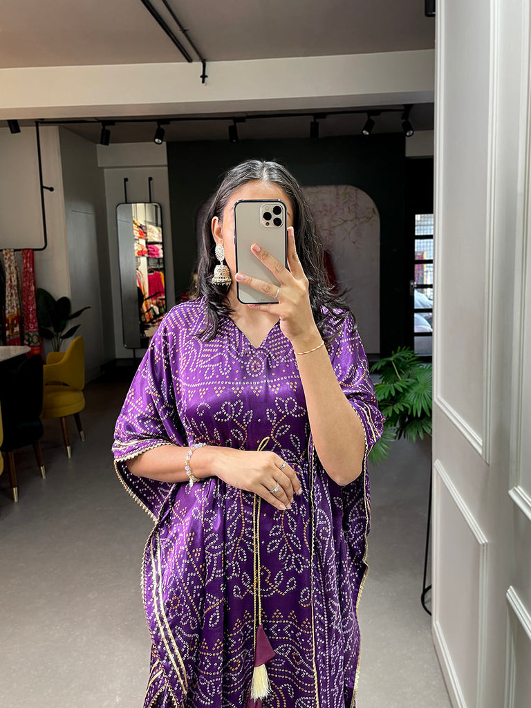 Wine Color Bandhej Print With Gotta Patti Lace Border Gaji Silk Kaftan ClothsVilla.com