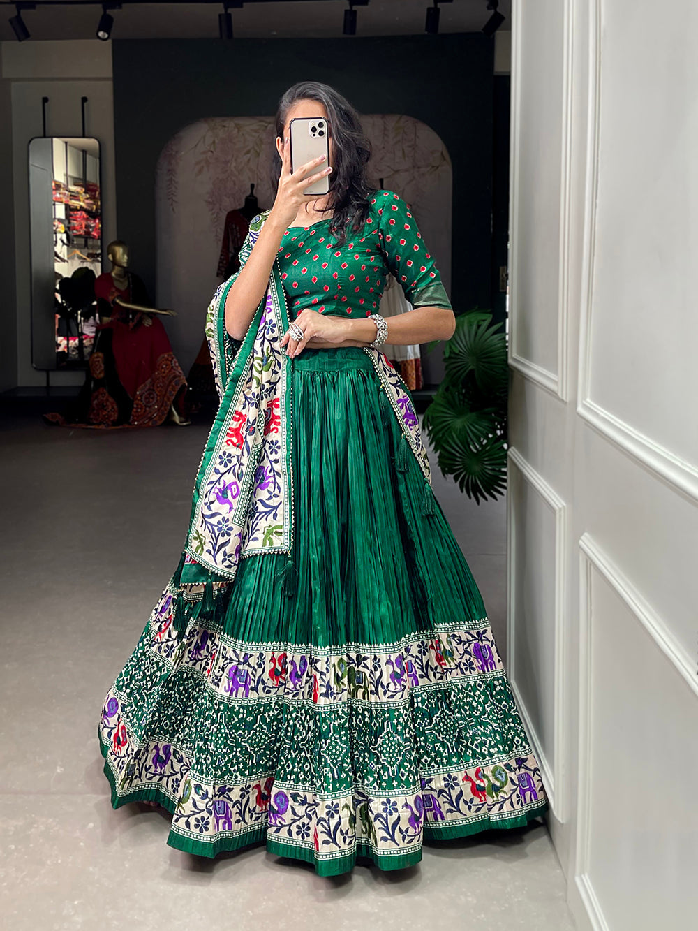 Green Color Bandhej Print With Patola Print Crushed Dola Silk Lehenga Choli ClothsVilla