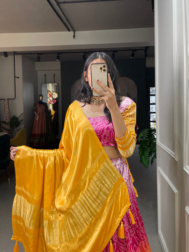 Yellow Color Bandhej Printed Gaji Silk Haldi Rasam Chaniya Choli ClothsVilla.com