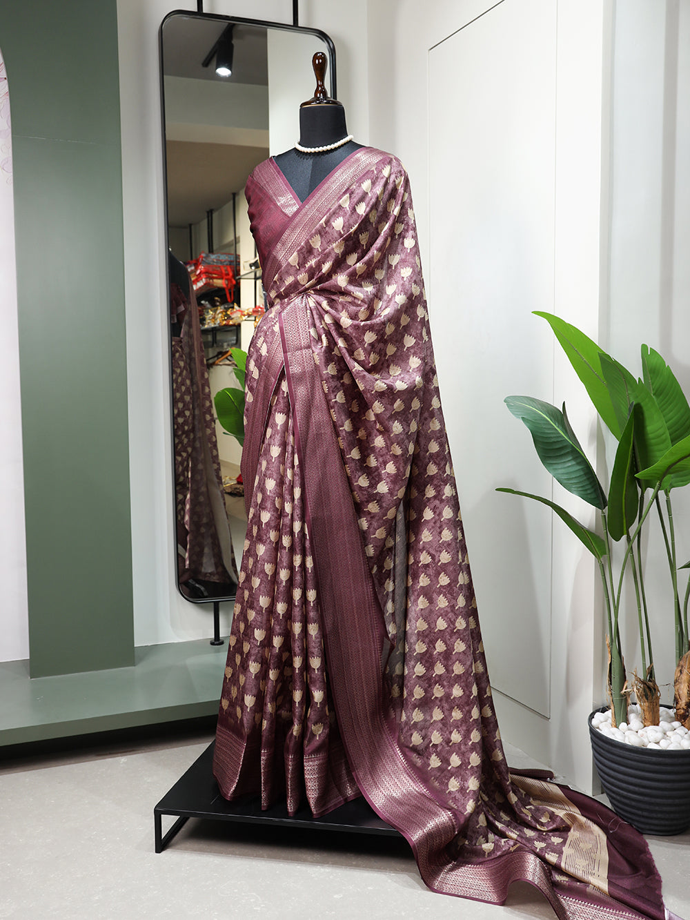 Wine Color Printed With Zari Border Dola Silk Saree Clothsvilla