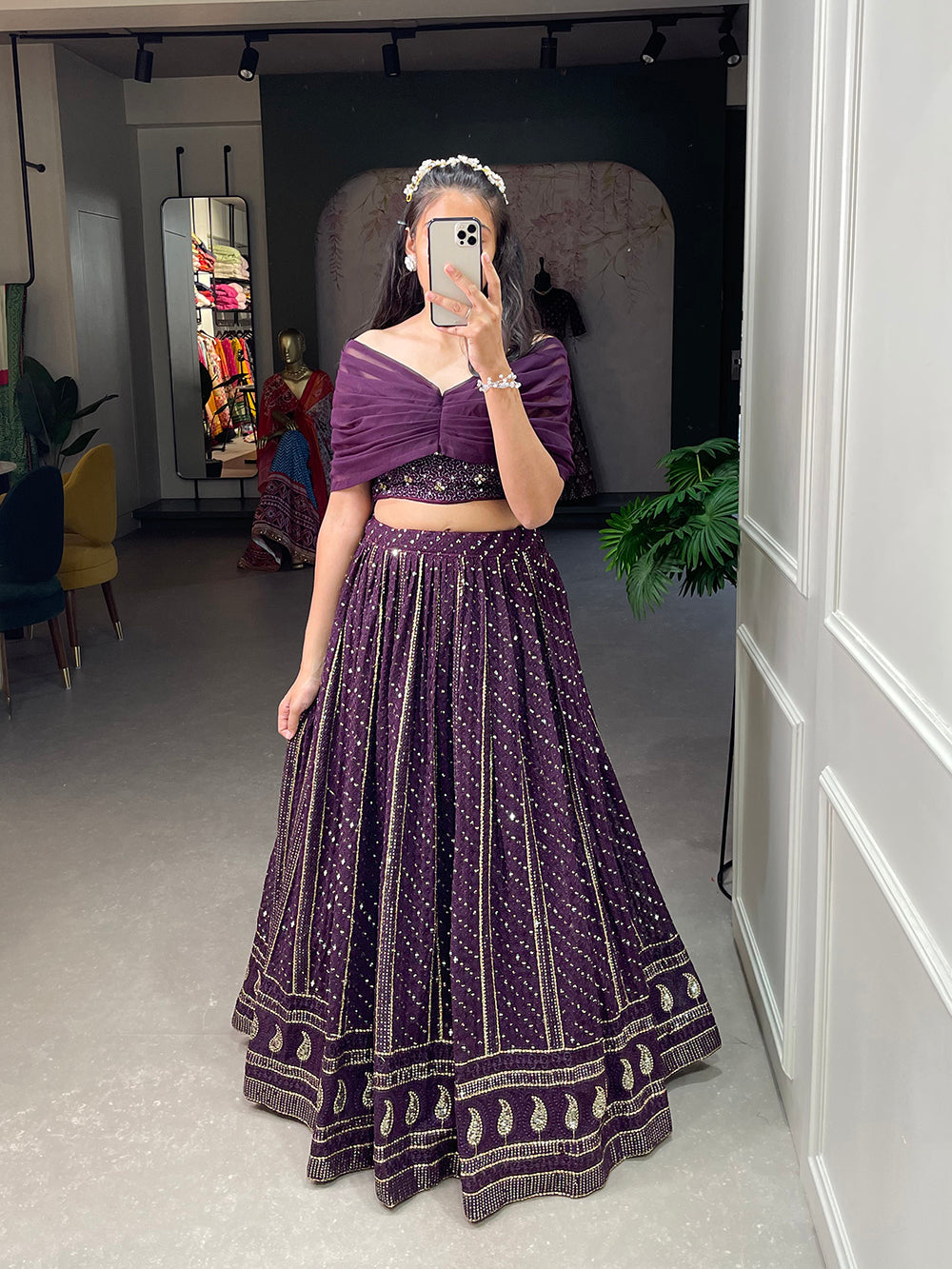 Wine Color Sequins and Embroidery Thread Work Georgette Co-Ord Set Lehenga Choli ClothsVilla.com