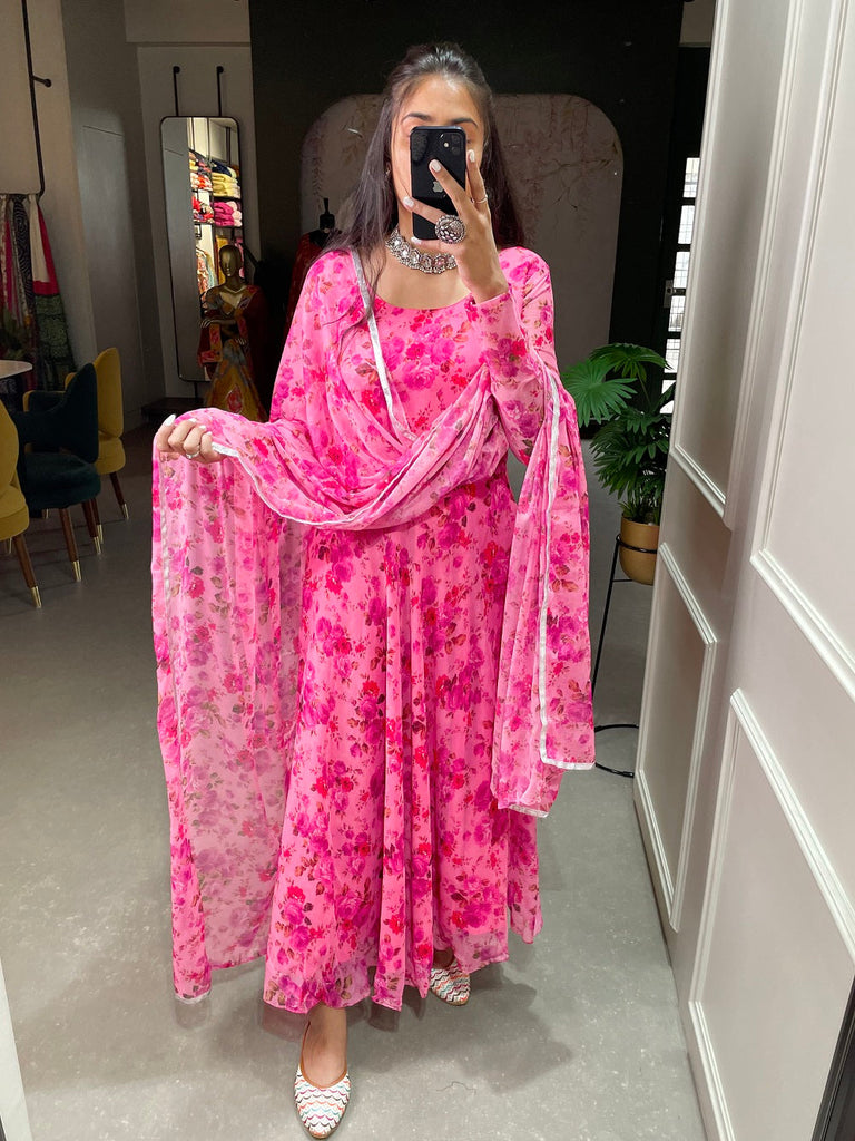 Pink Color Floral Printed Anarkali Style Chiffon Kurti Clothsvilla