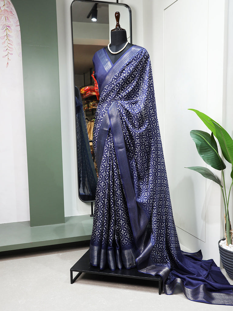 Navy Blue Color Printed With Zari Border Dola Silk Saree Clothsvilla