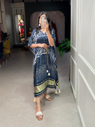 Navy Blue Color Patola Printed Gaji Silk Kaftan ClothsVilla.com