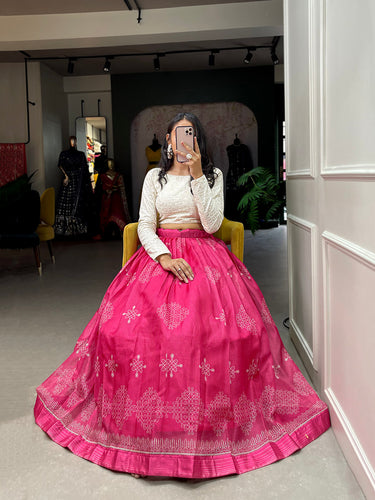 Pink Color Digital Print Cora Chex Zari Border Co-Ord Set Lehenga Choli ClothsVilla.com