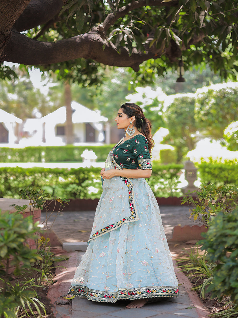 Sky Blue Color Thread Embroidery Work With Lace Border Organza Lehenga Choli ClothsVilla.com