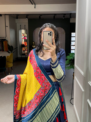 Navy Blue Color Dyeing With Lagdi Patta Gaji Silk Lehenga Choli ClothsVilla.com