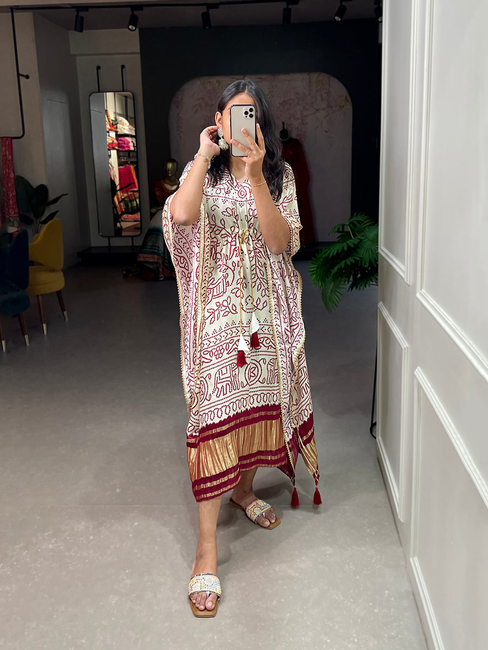 White Color Bandhej Print With Gotta Patti Lace Border Gaji Silk Kaftan ClothsVilla.com